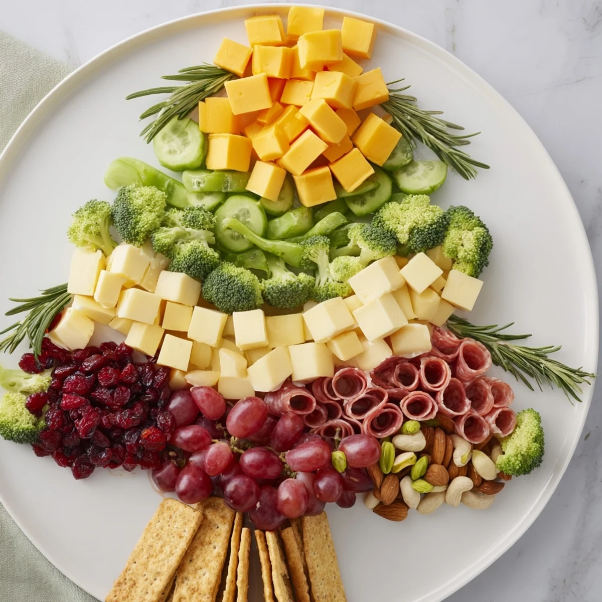 Close-up of a delicious Evergreen Tree Snack Board with a variety of colorful and textured snacks.