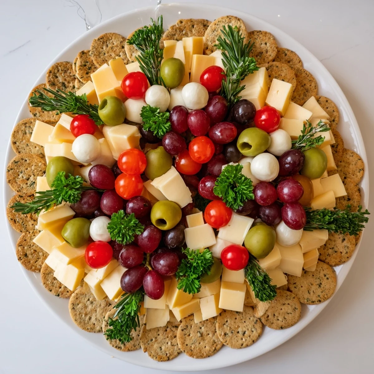 Jingle Bell Cheese & Cracker Wreath: A vibrant, festive appetizer wreath overflowing with cheese and colorful garnishes.