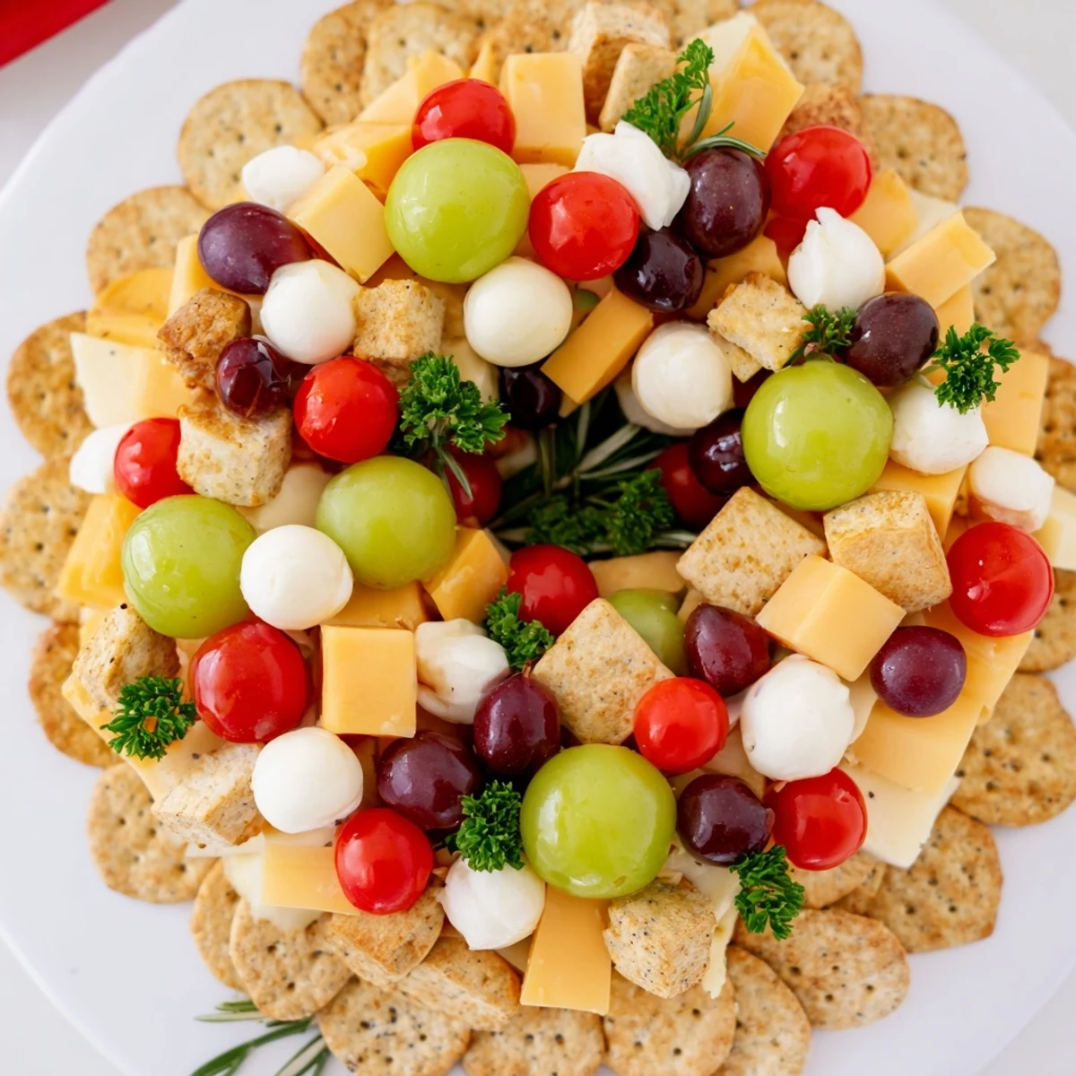Get ready to serve a delicious Jingle Bell Cheese & Cracker Wreath with creamy cheeses, fresh grapes, and olives.
