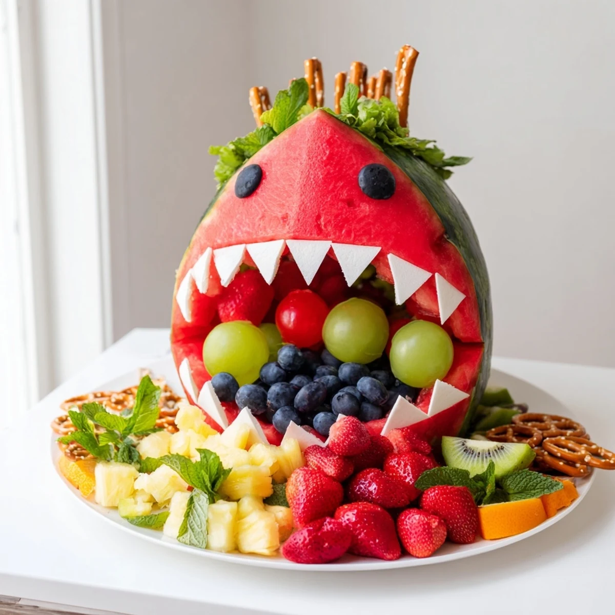 Watermelon Wave Shark Snack Board bursting with colors, overflowing with summer fruits and snacks.