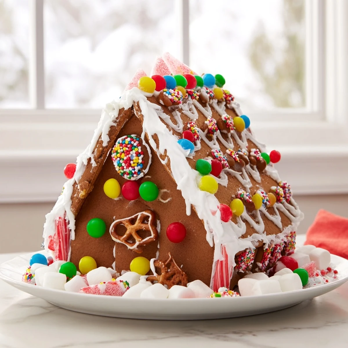 Gingerbread House decorating kit, displaying a festively decorated treat with colorful candy and white icing.