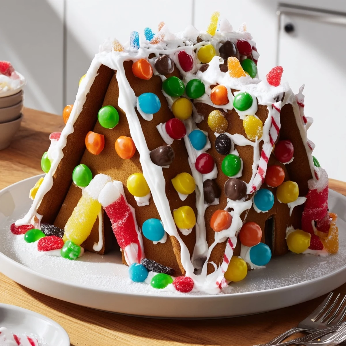 A beautifully decorated Gingerbread House, showing colorful candy roofs and snow-dusted details for a festive treat.