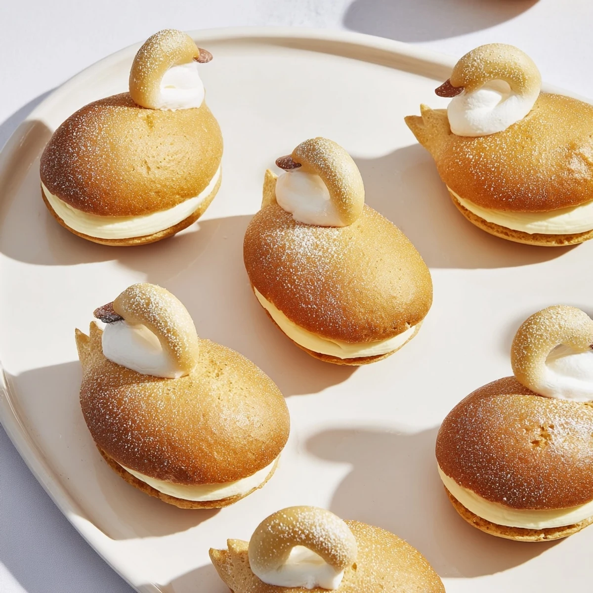 Golden mini pastries shaped like elegant swan, filled with vanilla cream—perfect dessert.