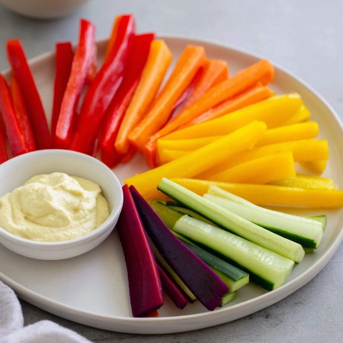 Rainbow Arch Veggie Sticks arranged in a colorful arc with creamy hummus, a healthy snack.