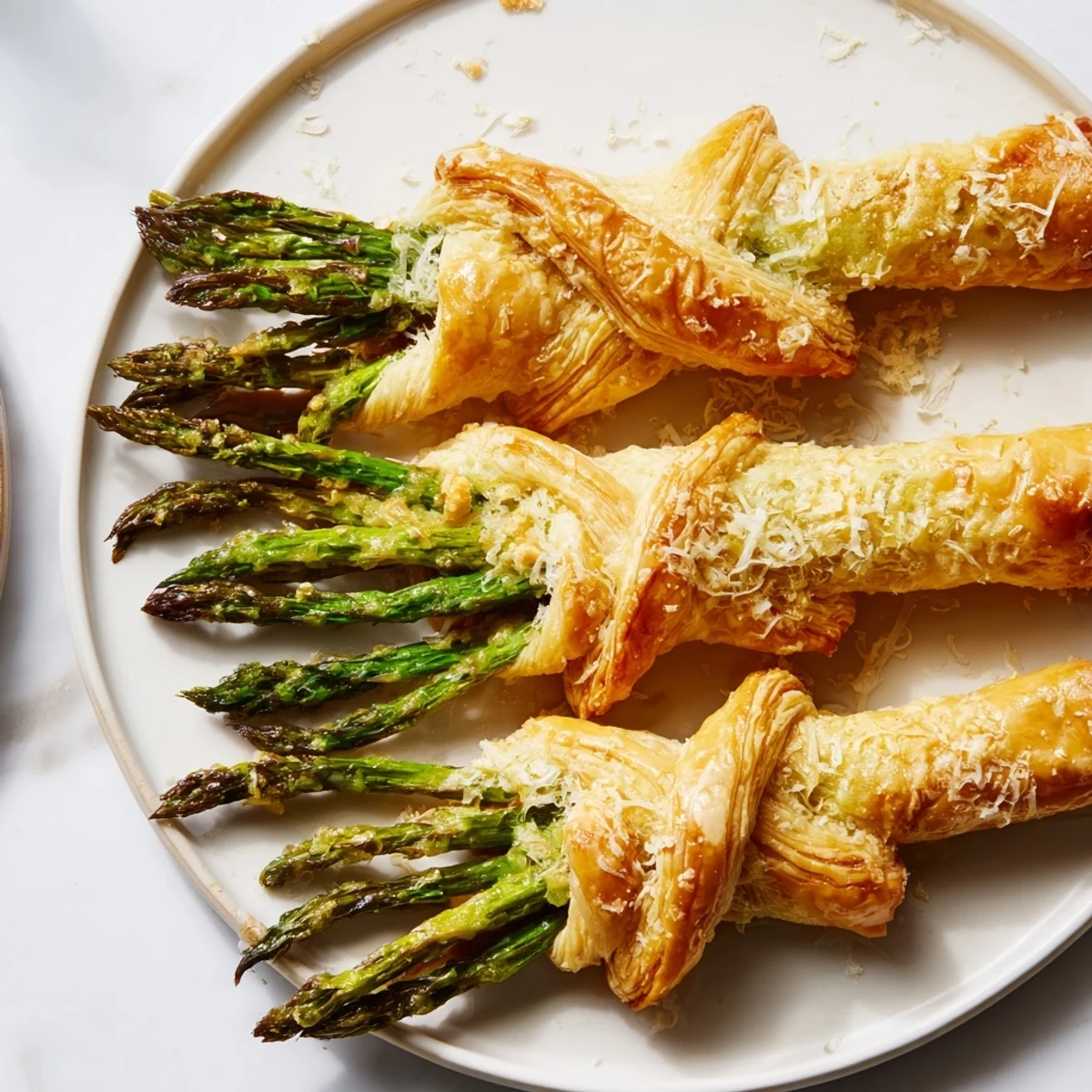 Golden, crispy Star Shaped Asparagus Bundle Wraps, a flavorful appetizer ready to serve with Parmesan.