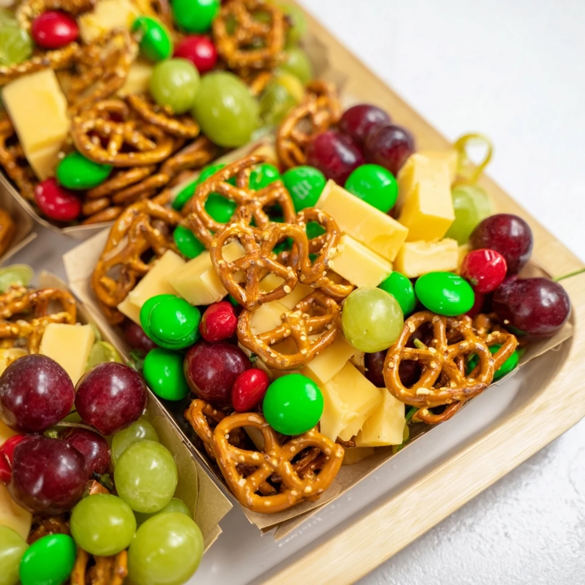 A beautiful holiday Stacked Christmas Gift Snack Tower, overflowing with savory snacks and sweet treats for a party.