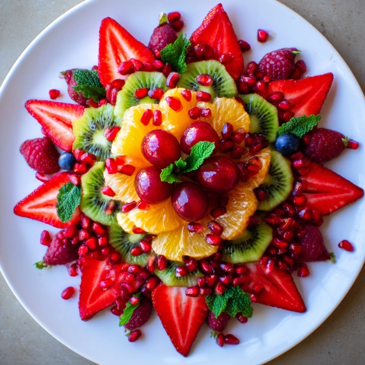 Vibrant Festive Poinsettia Fruit Bowl with ruby-red berries and lush green kiwi, ready to enjoy.
