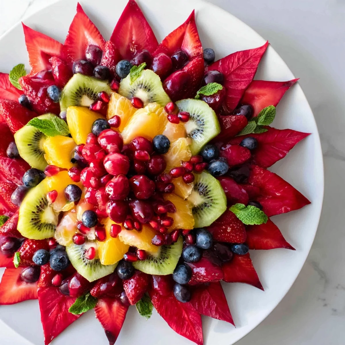 Bright mix of juicy fruit creates a stunning Festive Poinsettia Fruit Bowl for a holiday treat.