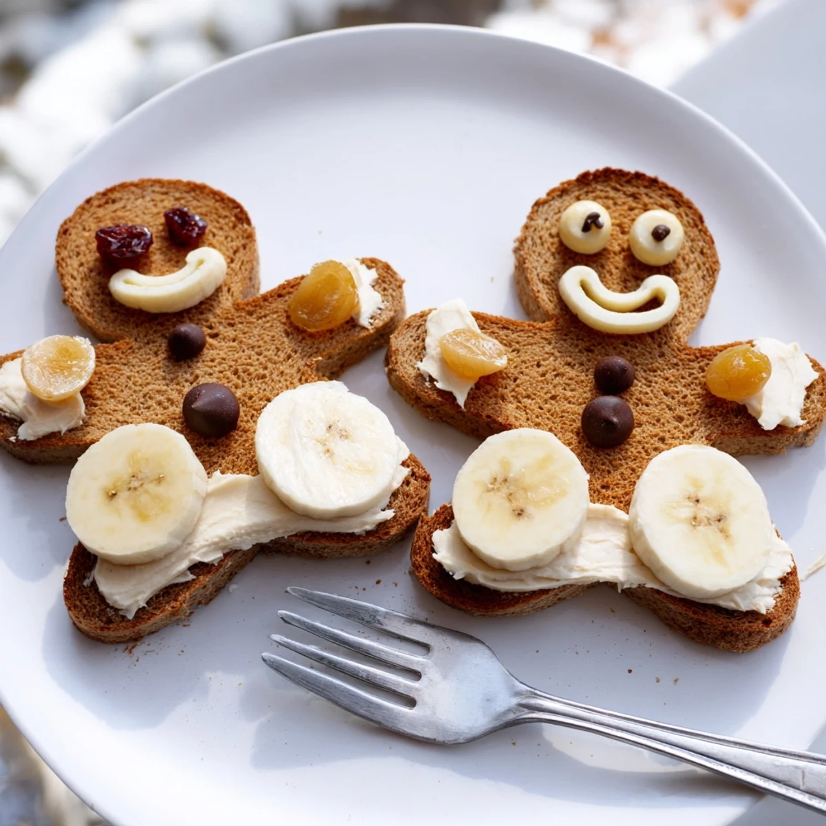 Gingerbread man sandwich cutouts with cream cheese and fruit, a fun, festive snack treat.