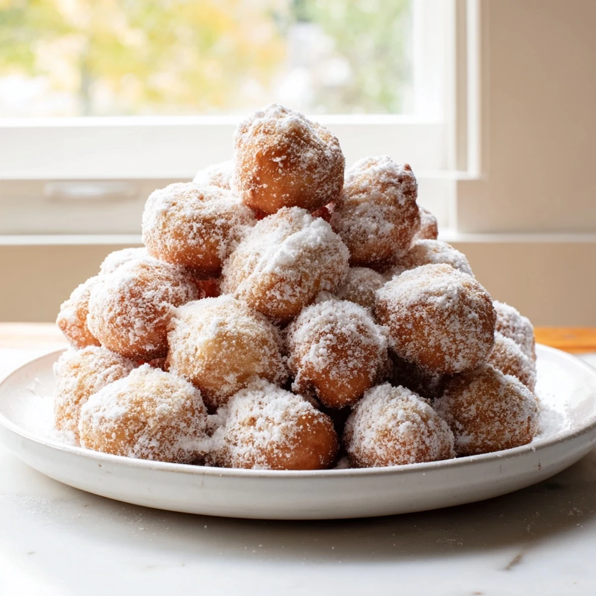 A towering powdered sugar mountain of fluffy donut holes, ready to be dipped and enjoyed.