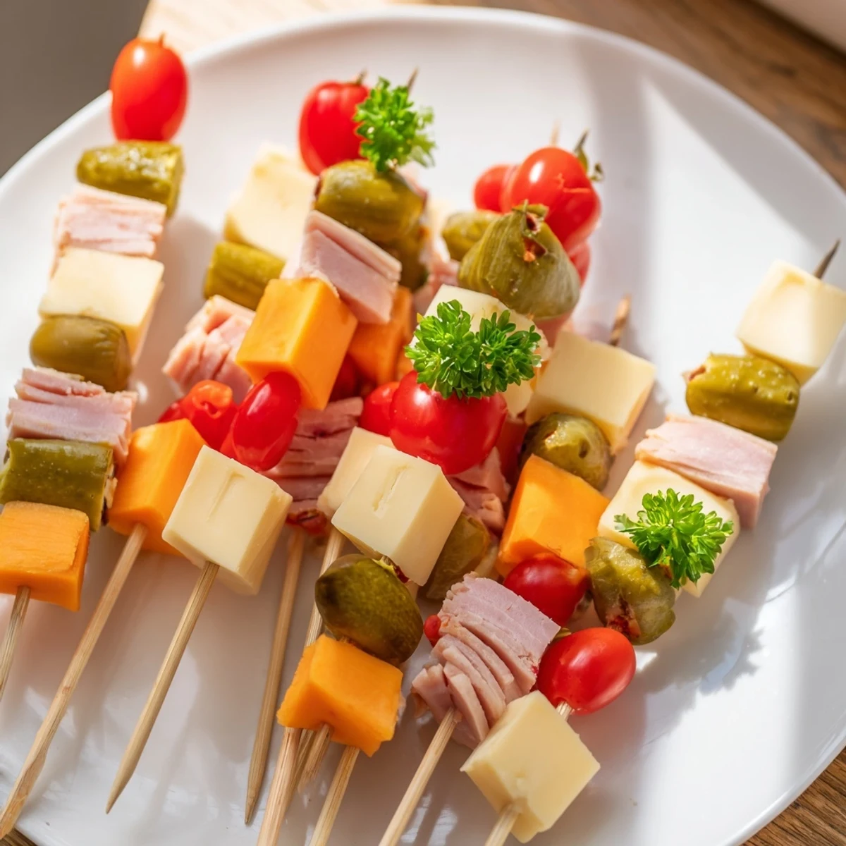 Savory Skewers: Meat, Cheese, and Pickle Cube Skewers, a colorful, easy appetizer perfect for gatherings.