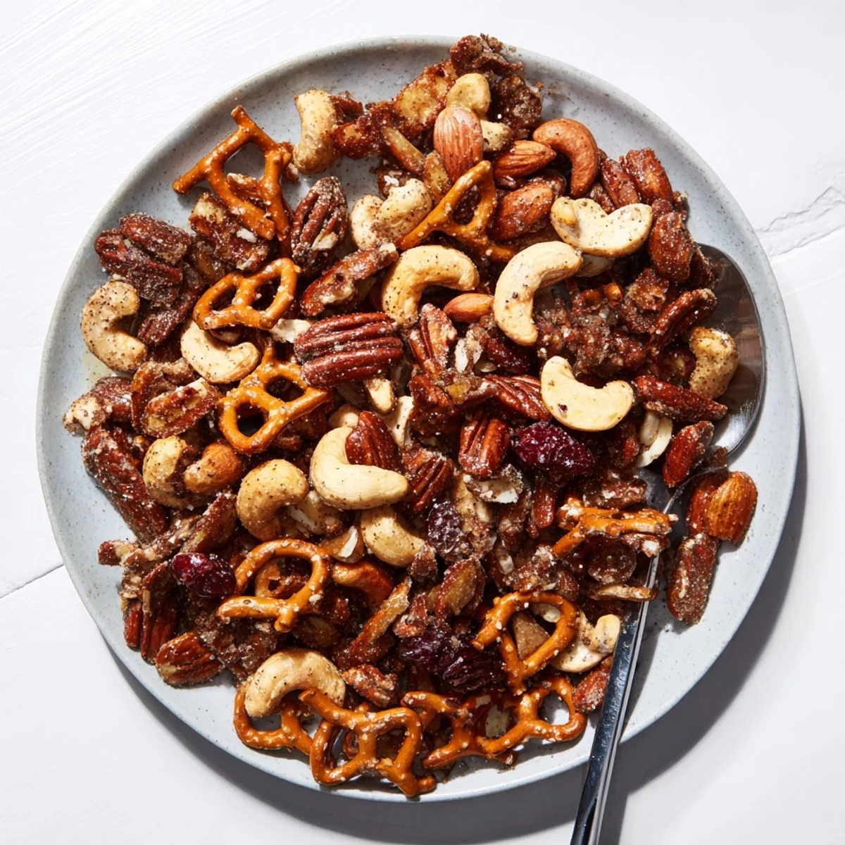 A close-up of a festive Sweet and Salty Holiday Nut Bowl, showcasing roasted nuts and colorful cranberries.