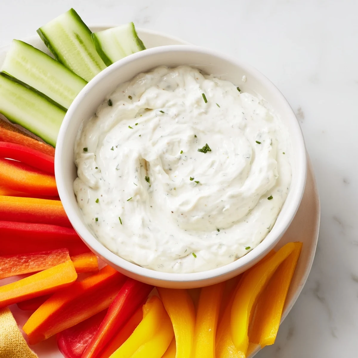 Kids Dip: creamy cream cheese ranch dip with colorful veggie sticks, perfect for dipping and snacking.