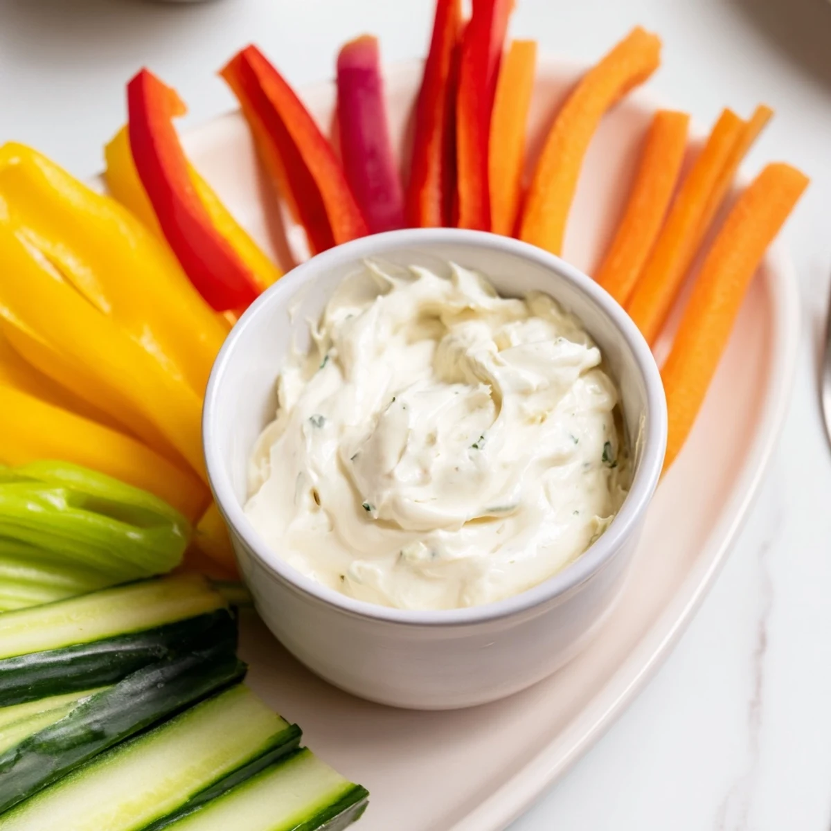 Cool cream cheese and ranch Kids Dip in a serving bowl, surrounded by fresh carrot and celery sticks.