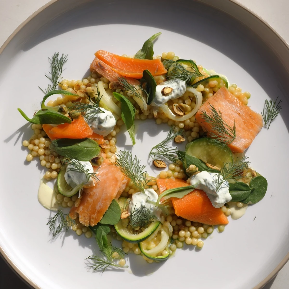 Vibrant photo highlighting a figure-eight arrangement of The Infinity Loop Flow, starring flaked salmon nestled with vegetables.