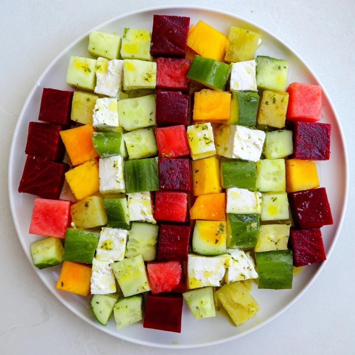 Cube Geometry Study salad arranged artfully on a platter, showcasing vibrant colorful cubes.