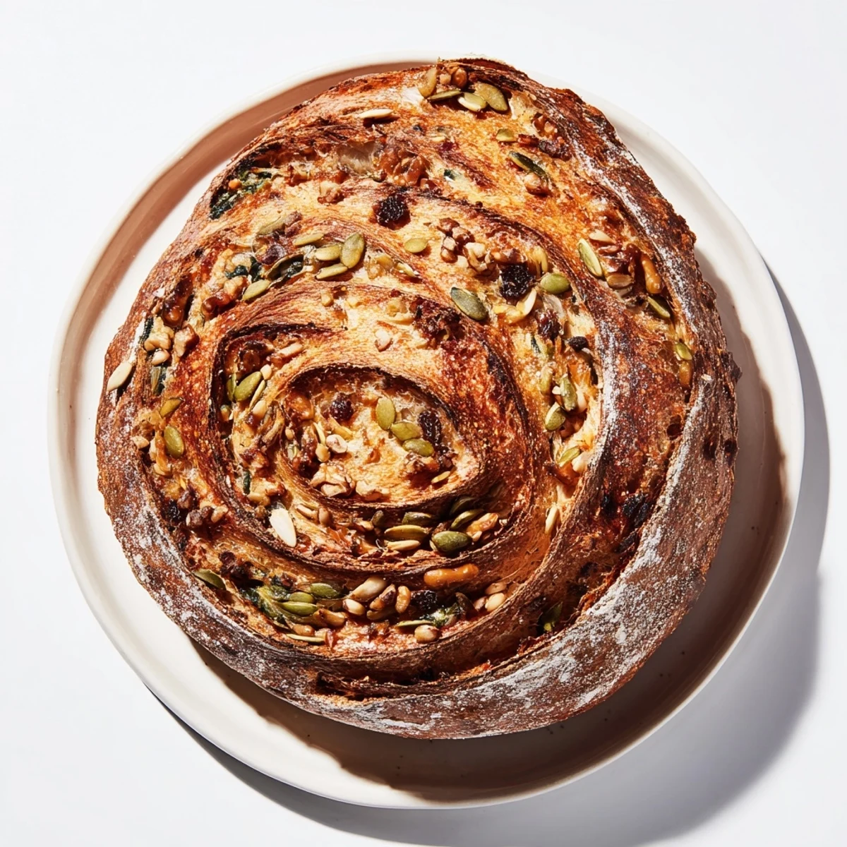 Warm, rustic image: a freshly baked Fibonacci Spiral Growth Bread with varied, textured additions.