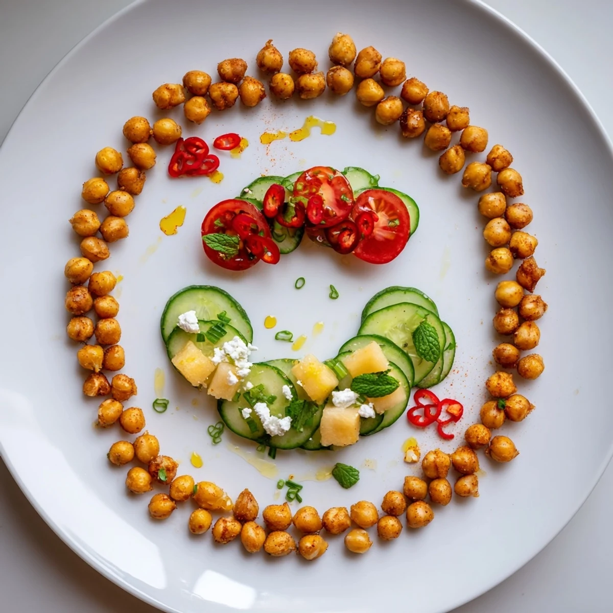 Vibrant concentric rings of flavor: sweet pineapple, savory feta, and spicy chickpeas arranged beautifully.