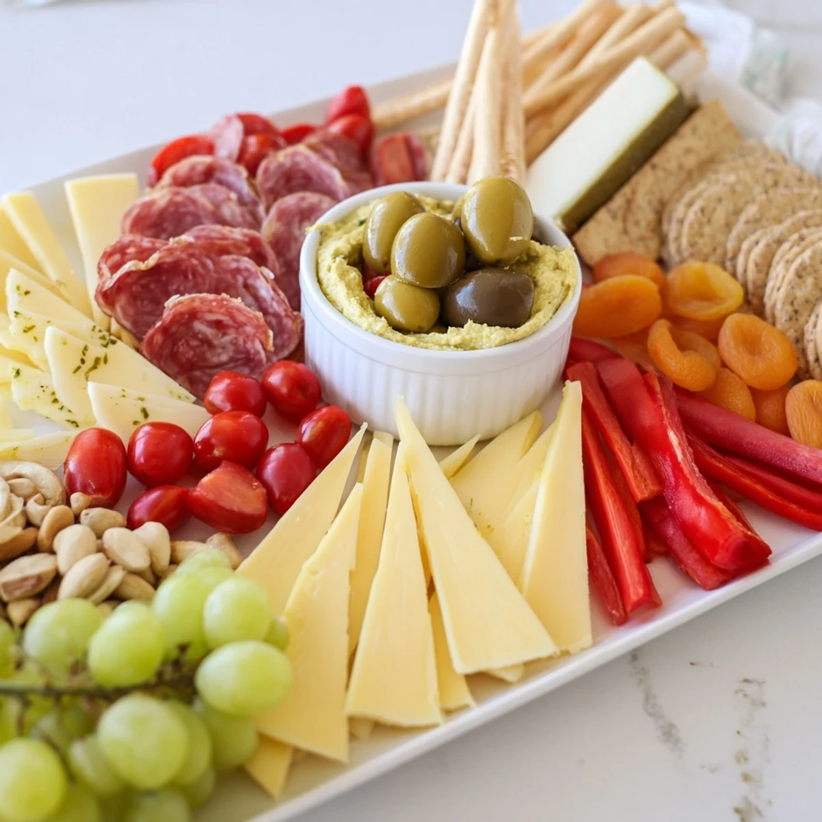 Arrowhead Directional Board loaded with cheeses, meats, and veggies, beautifully angled toward a dip.