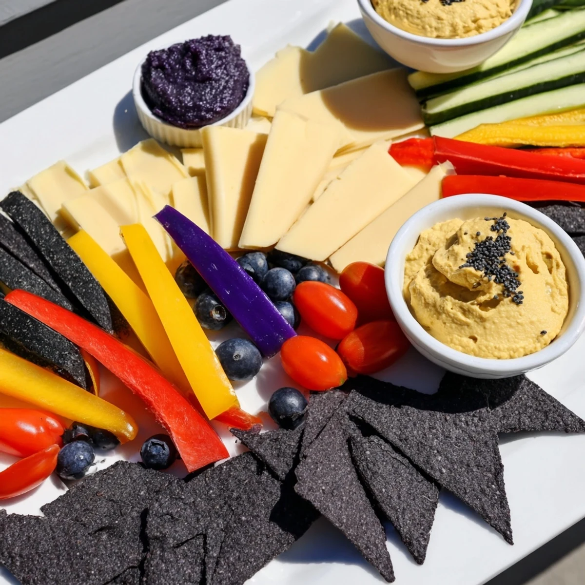 Crisp colorful Zig-Zag Lightning Strike appetizer board with peppers, cheese, dips, and vibrant accents.