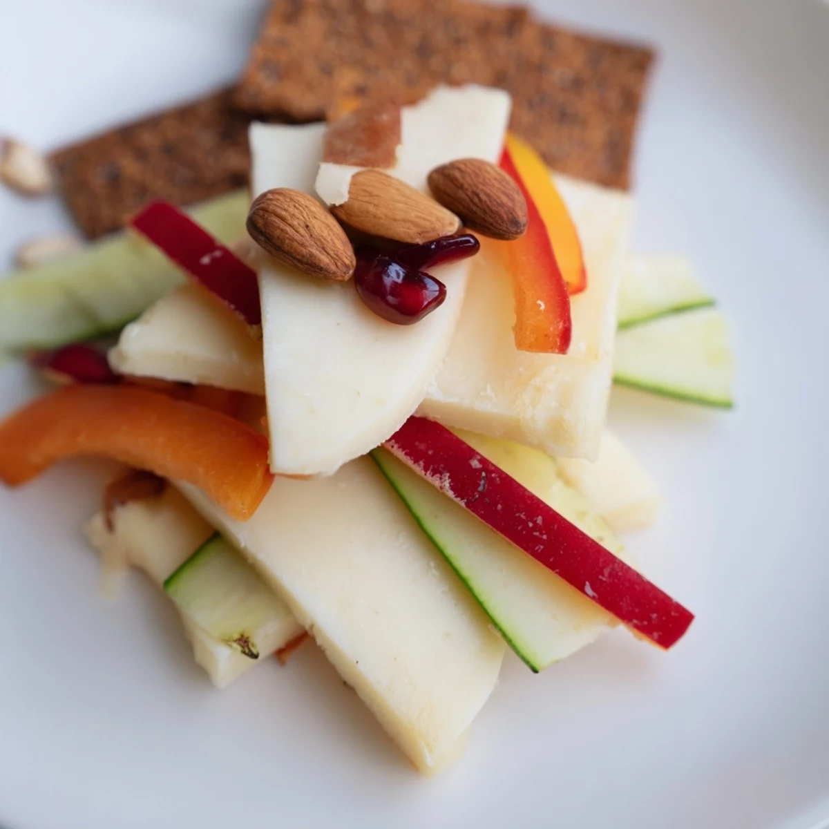 Visualize the impressive Tessellation Triangle appetizer, a vibrant mosaic of perfectly cut ingredients ready to eat.