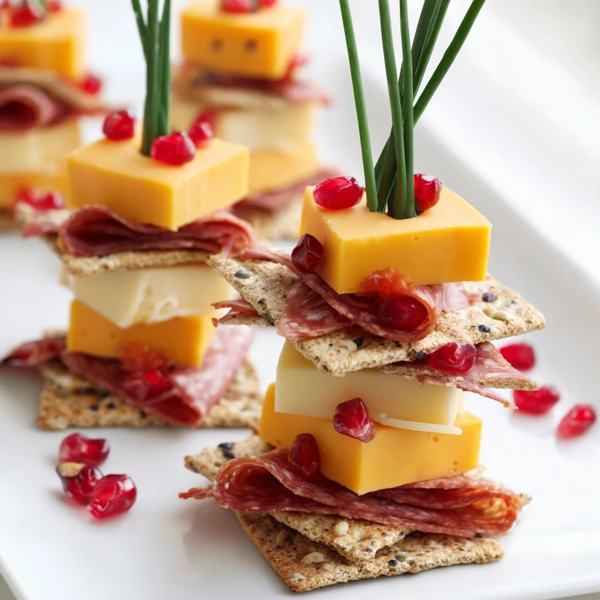 Delectable Layered Urban Skyline, an easy appetizer with cheddar, gouda, and savory folded meats.
