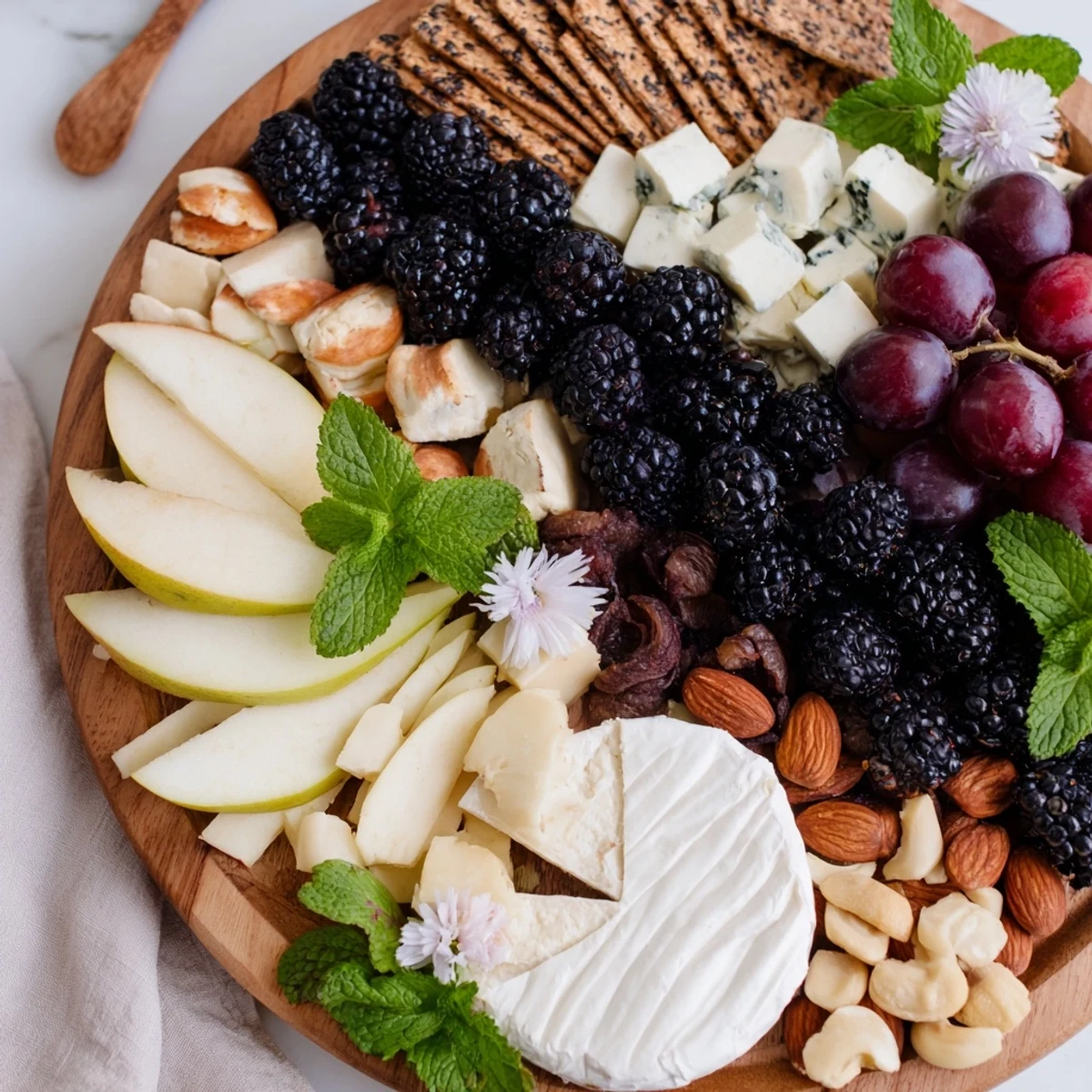The Yin-Yang Balance appetizer board features blackberries dividing cheeses, fruits, and crackers for sharing.