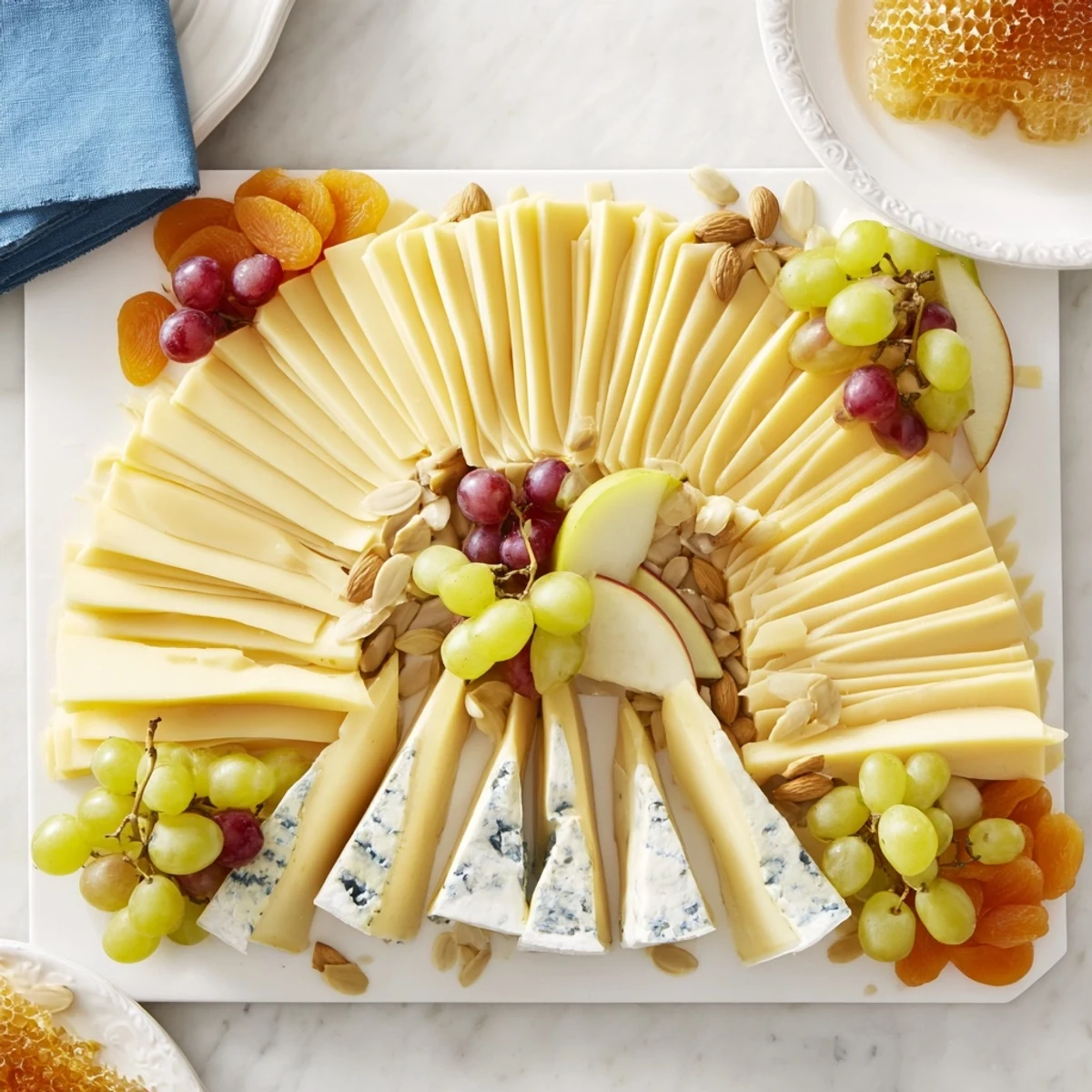 The Art Deco Arch Cheese Platter: cheese fans, colorful fruit, nuts, and crackers on a serving board.