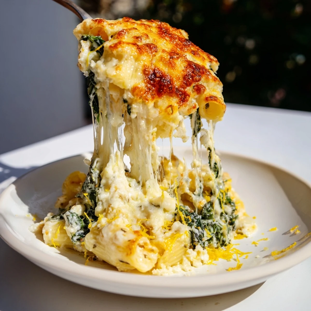 Golden-brown crust on creamy whipped ricotta & spinach baked pasta, perfect for a cozy weeknight meal.