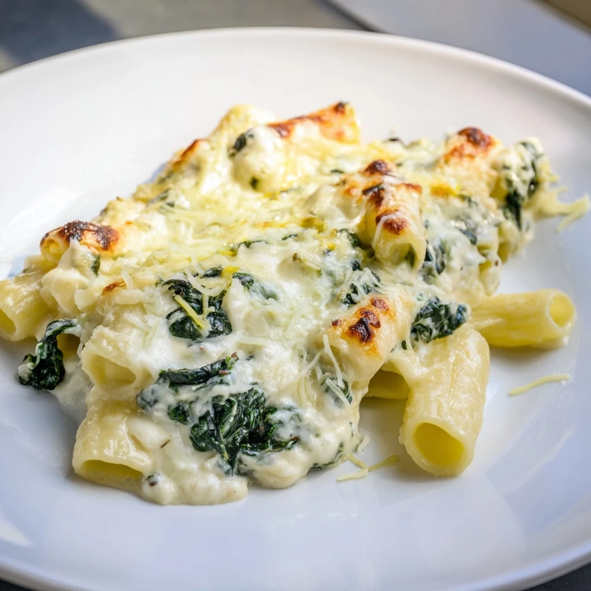 A steaming dish of whipped ricotta & spinach baked pasta with melted mozzarella and parmesan cheese.