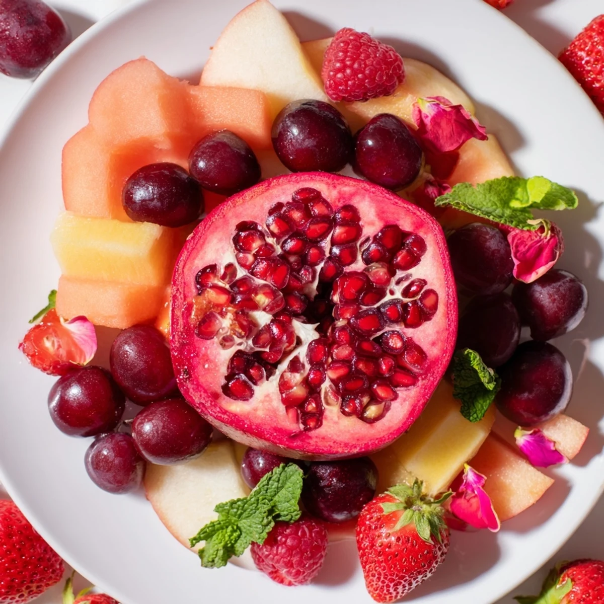 A vibrant Pomegranate Pivot fruit platter boasts gorgeous colors and fresh fruit ready to eat.