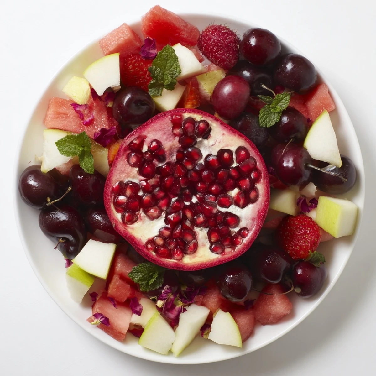 Enjoy a refreshing Pomegranate Pivot appetizer with layers of colorful fruits artistically arranged on the platter.