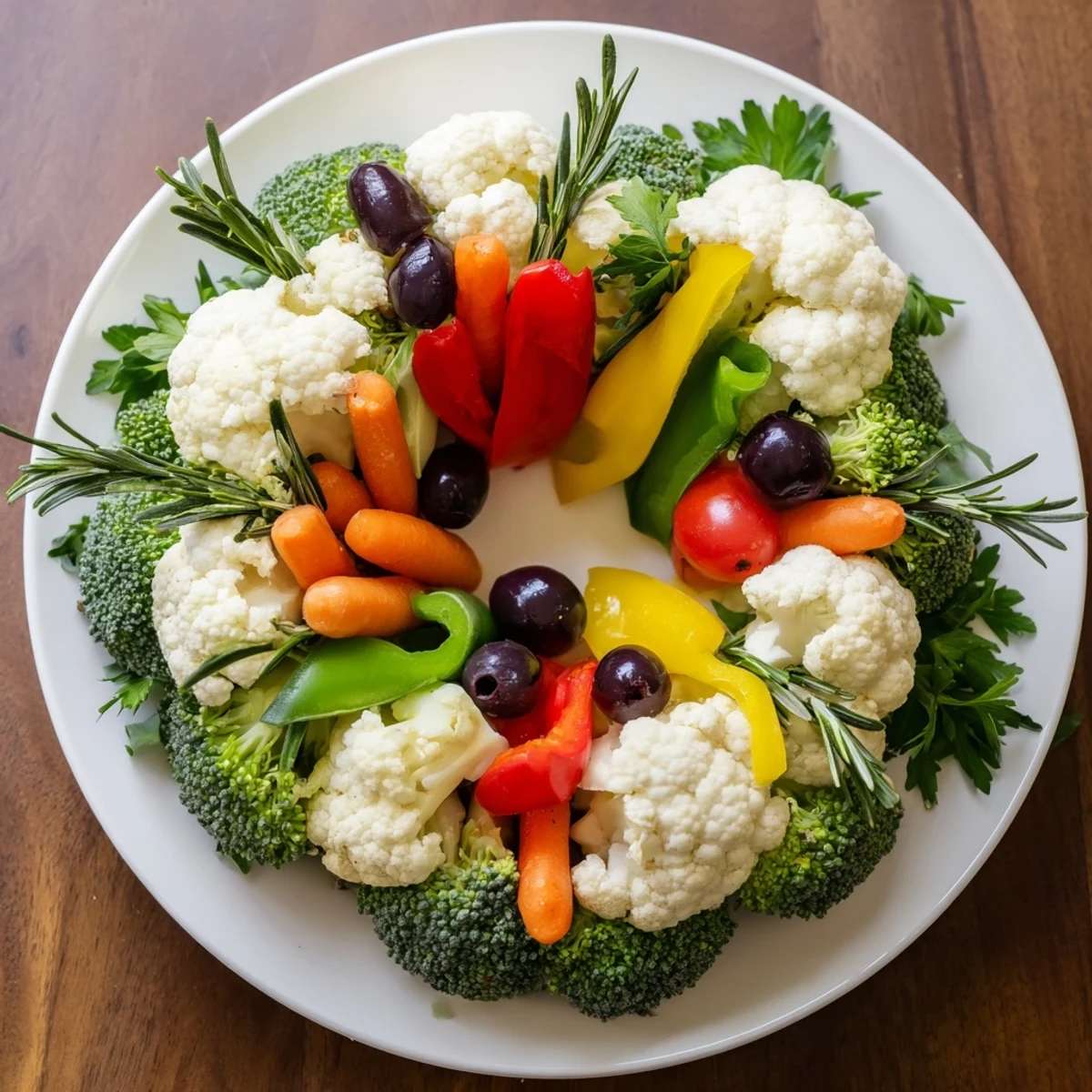 A healthy and festive Garland Veggie Wreath, featuring broccoli and cauliflower surrounding a flavorful dip.