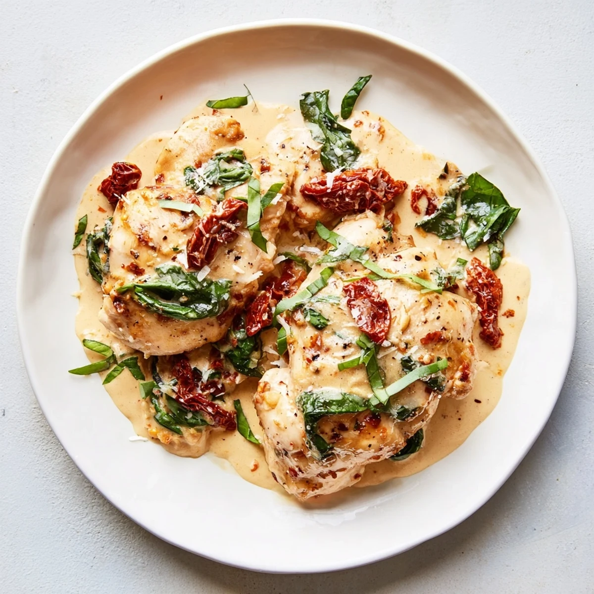 A close-up of the Creamy Sun-Dried Tomato Chicken Skillet, a cozy meal with fresh basil garnish.