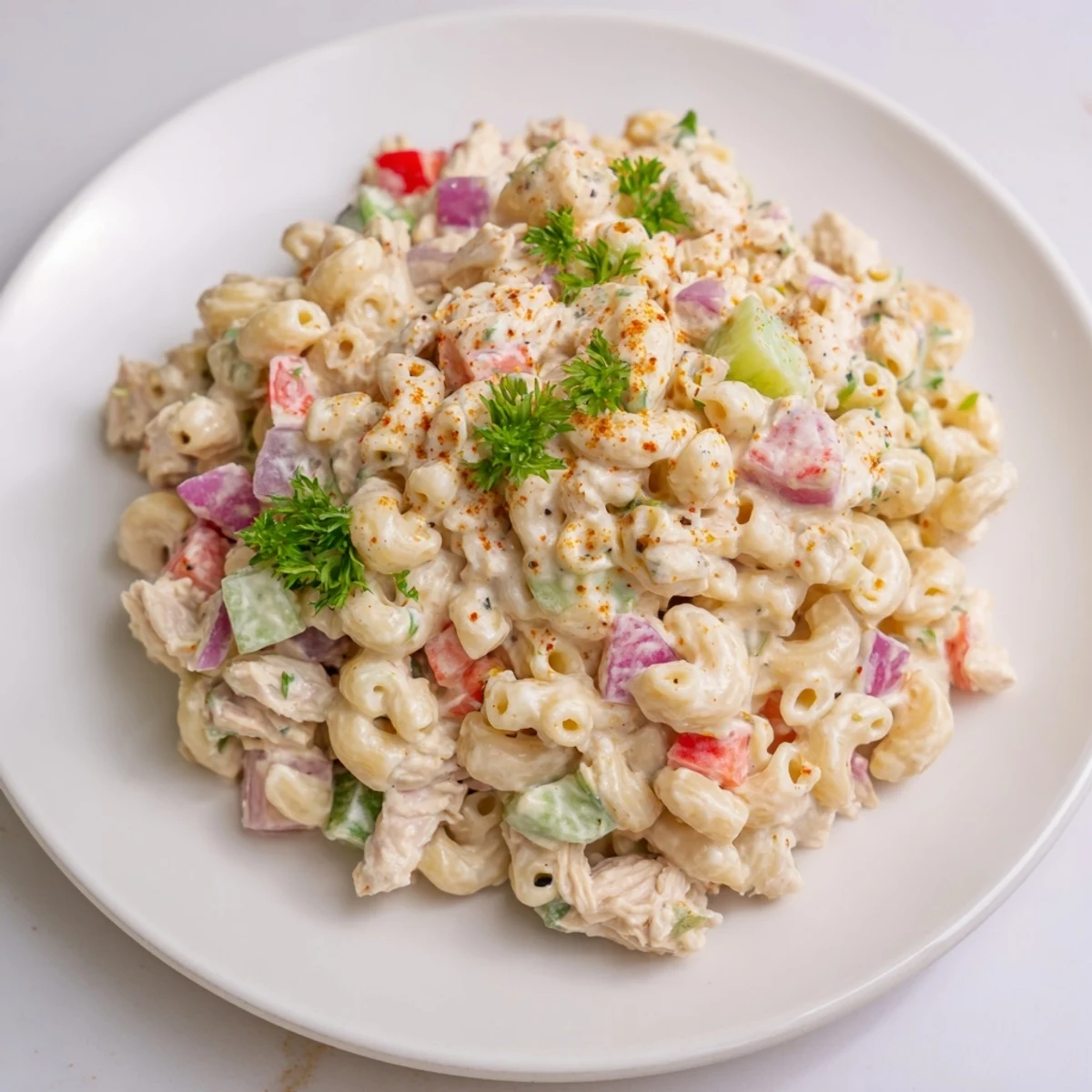 Creamy, Southern-style Chicken Macaroni Holiday Salad, ready to serve cold at a potluck gathering.