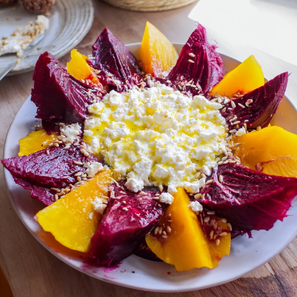 Vibrant image of a finished Radial Symmetry Sunburst salad ready to be enjoyed as a beautiful appetizer course.