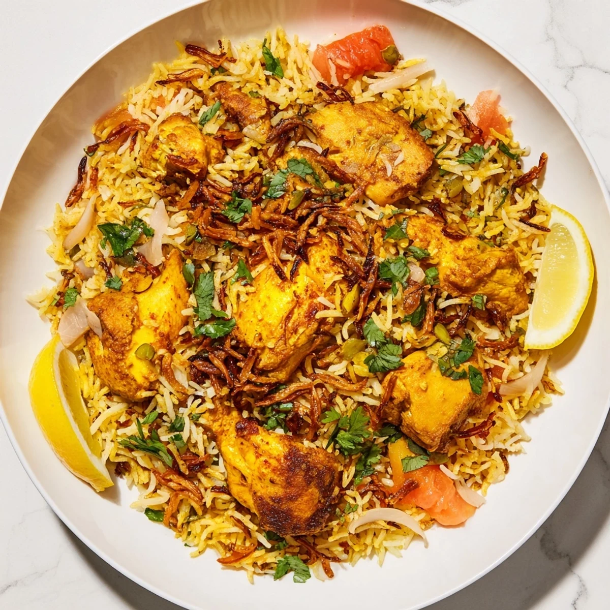 Aromatic Easy Chicken Biryani, a one-pot meal, featuring visible cilantro garnish and lemon wedges.