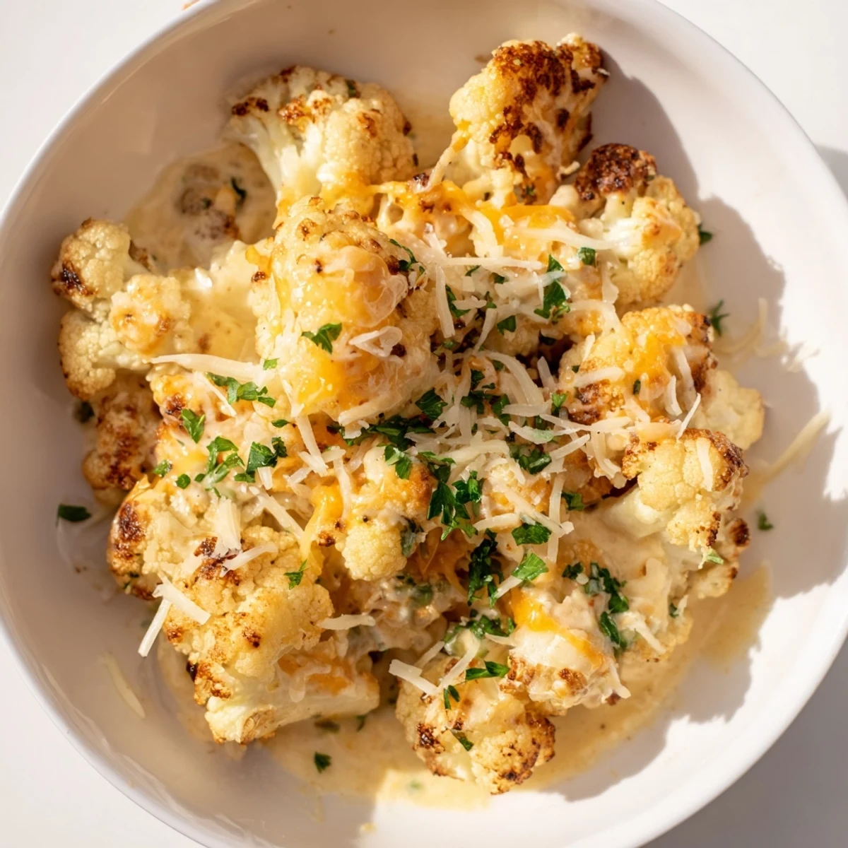 A close-up of creamy, cheesy Cheesy Cauliflower Mac with perfectly melted cheese and hints of parsley.