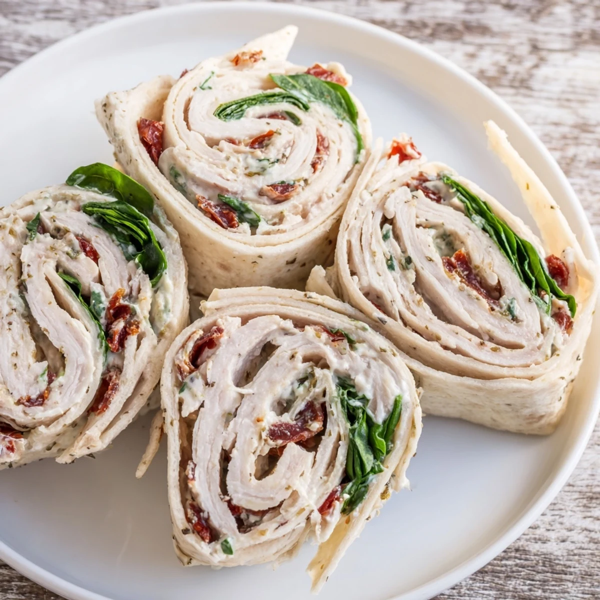 Sun-dried tomato turkey roll-ups, showcasing vibrant filling and sliced for easy appetizer serving.