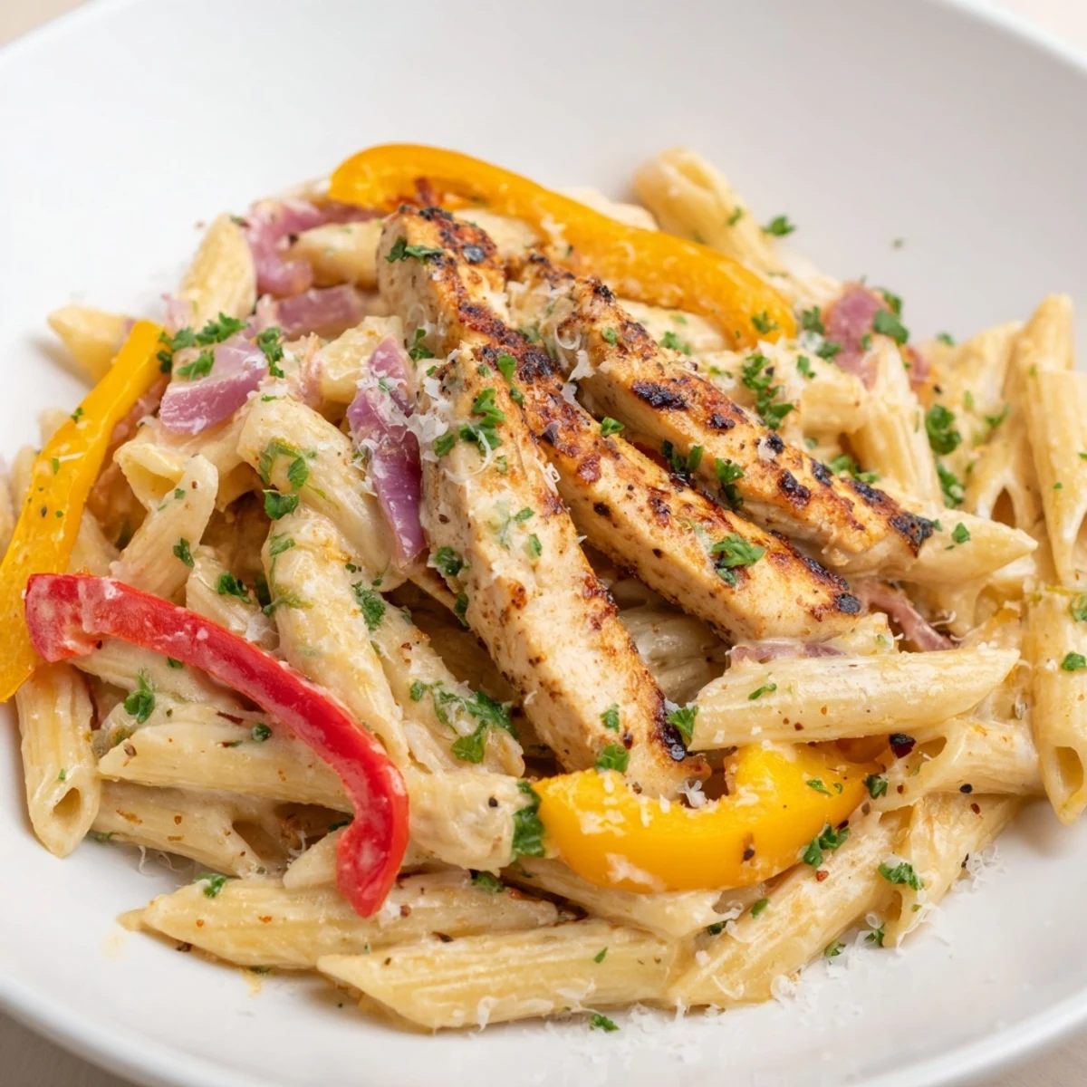 Tender Cajun Chicken Pasta with creamy sauce, colorful peppers, and fresh parsley garnish.