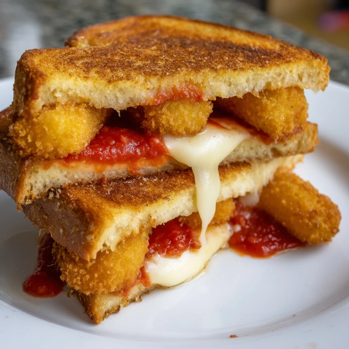 Warm, comforting Mozzarella Stick Grilled Cheese, with a crispy crust and a gooey cheese pull.