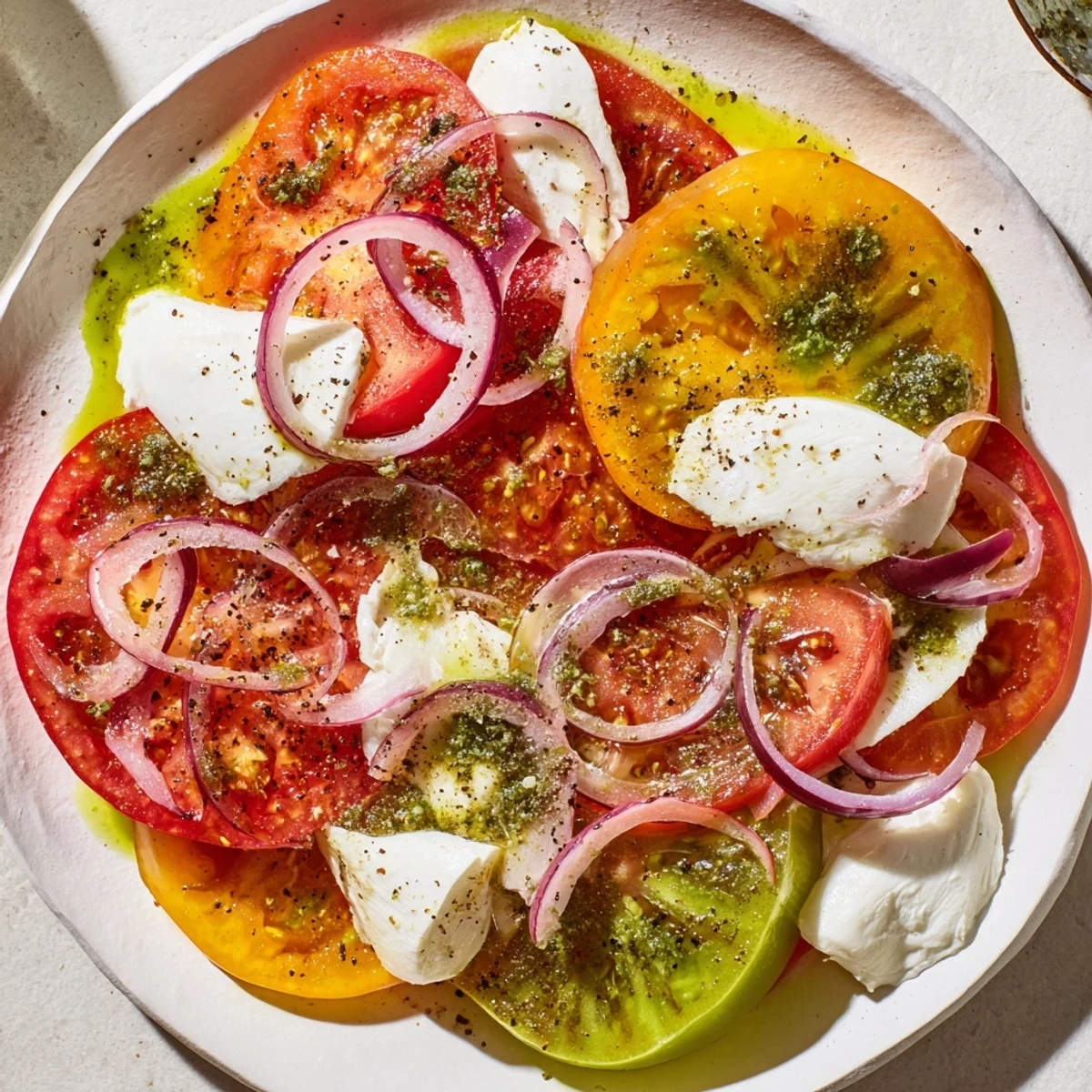 Heirloom tomatoes and creamy mozzarella star in this beautiful Summer Tomato Salad, drizzled with basil oil.