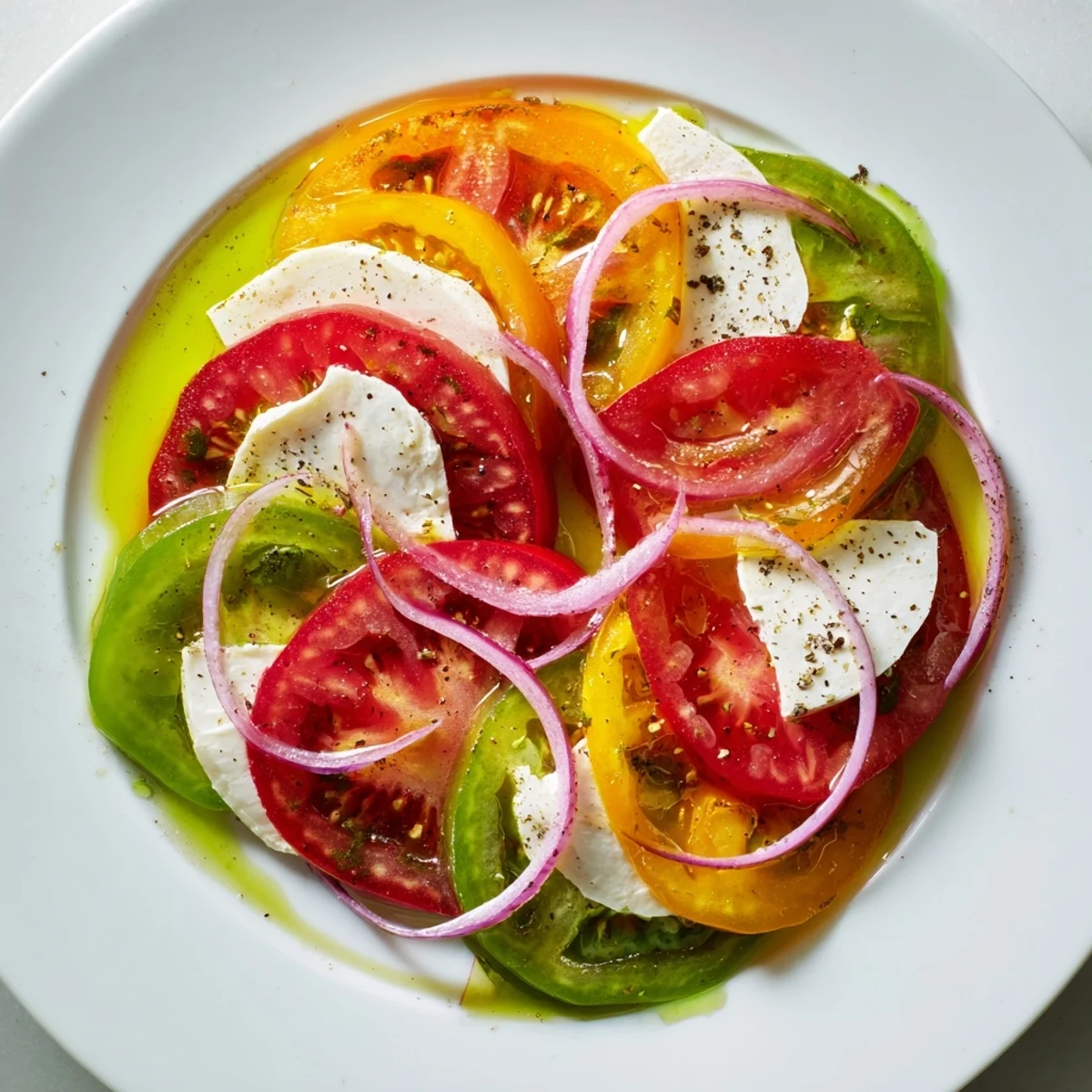 Freshly sliced Summer Tomato Salad with basil oil boasts vibrant reds and greens; a perfect summer dish.