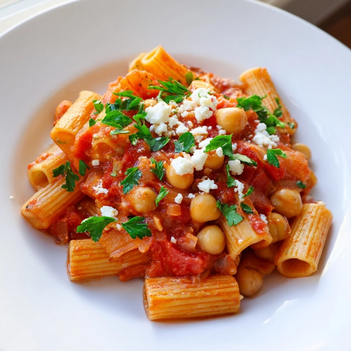 A bowl of Harissa Chickpea Pasta, garnished with herbs and feta, ready to savor its flavors.