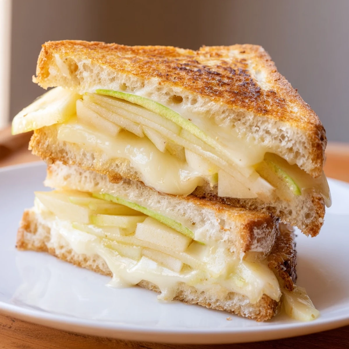 Golden-brown Brie and apple grilled cheese, with gooey cheese and sweet apple slices.