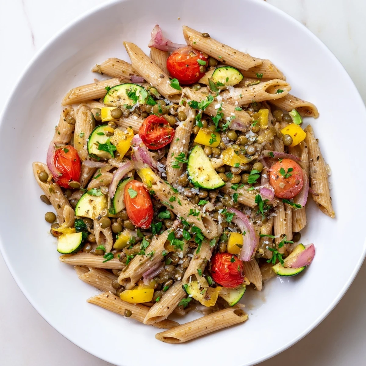 Steaming lentil pasta with vegetables, a vibrant and colorful Mediterranean main dish, served warmly.