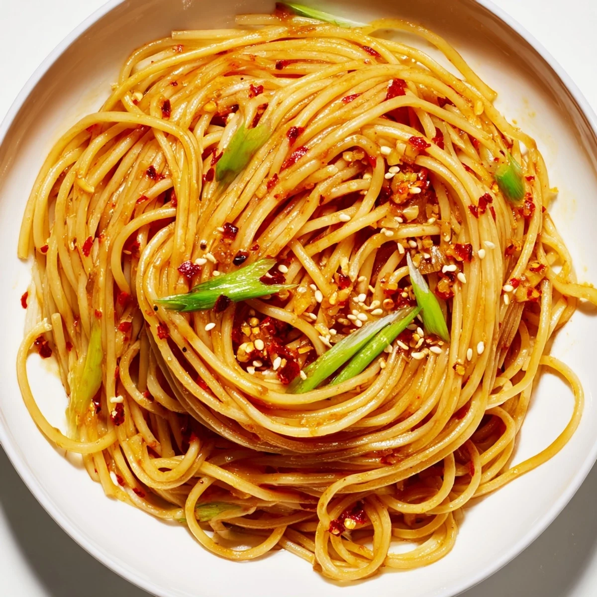 Close-up of glossy Garlic Chili Oil Noodles, with vibrant green scallions, and toasted sesame seeds ready to be enjoyed.