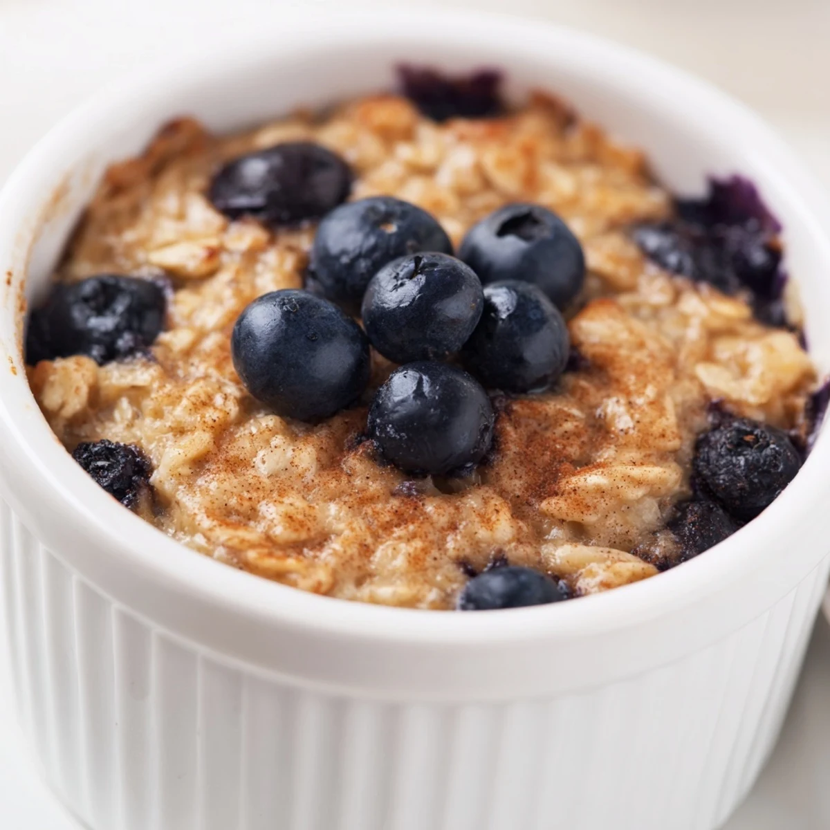 A close-up of piping-hot Blueberry Baked Oats, offering a tempting, comforting view.