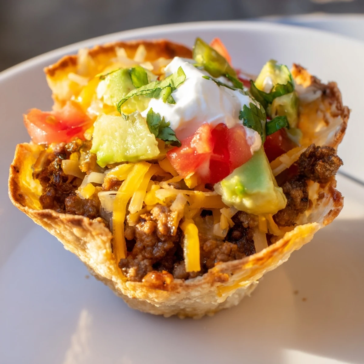 Colorful toppings adorn freshly baked mini taco cups, perfect for a party snack.