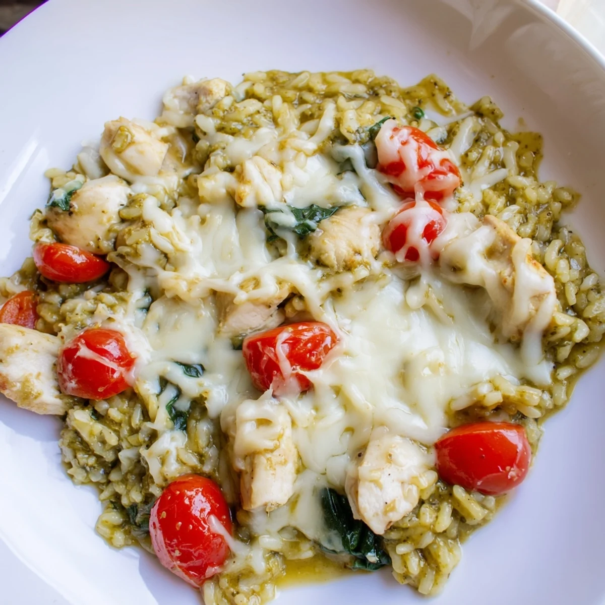 Close-up of a bubbling Chicken Pesto Rice Bake with tomatoes; a savory, easy weeknight meal.